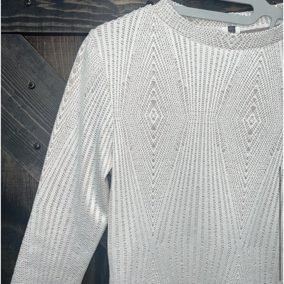 Codigo USA Vintage Dress L Cream 3/4 Sleeve Bodycon Stretch Eyelet Crochet Look - Picture 6 of 14